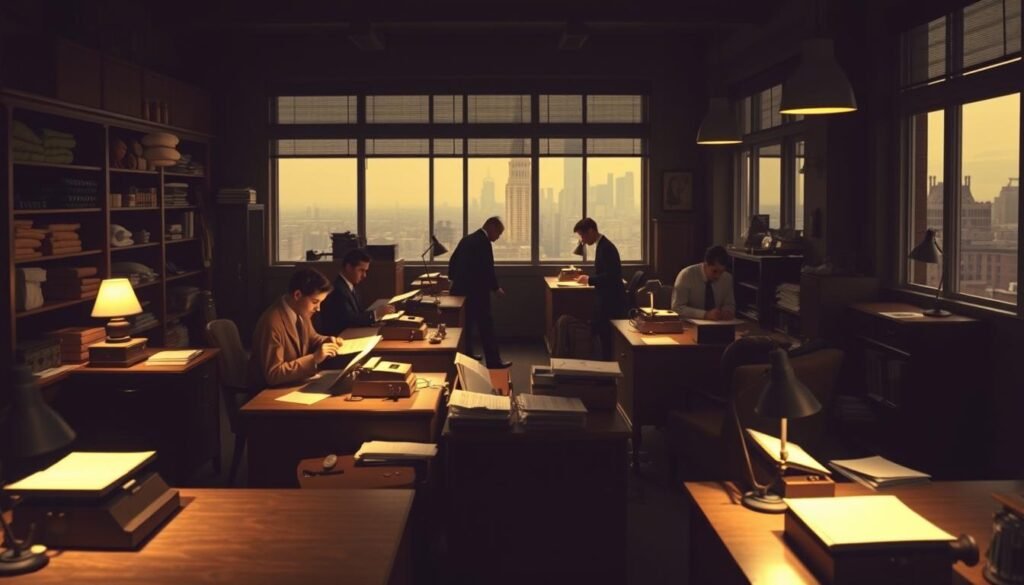 A dimly lit office space in the late 1930s, with wooden desks, typewriters, and desk lamps casting a warm glow. In the foreground, a group of Hasbro employees, dressed in the fashion of the era, pore over documents and discuss business matters. The middle ground features shelves stocked with textiles, school supplies, and other merchandise, hinting at Hasbro's diversified product offerings before their transition to toys. The background showcases the urban landscape outside, with the faint silhouettes of skyscrapers and the bustling streets of a city in the era. A dimly lit office space in the late 1930s, with wooden desks, typewriters, and desk lamps casting a warm glow. In the foreground, a group of Hasbro employees, dressed in the fashion of the era, pore over documents and discuss business matters. The middle ground features shelves stocked with textiles, school supplies, and other merchandise, hinting at Hasbro's diversified product offerings before their transition to toys. The background showcases the urban landscape outside, with the faint silhouettes of skyscrapers and the bustling streets of a city in the era.