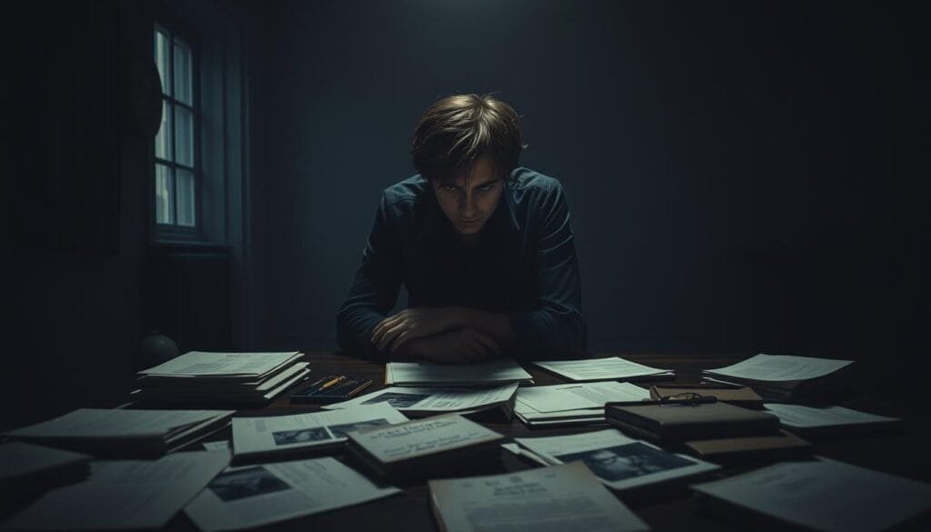 A dimly lit room, bathed in a somber, moody atmosphere. In the center, a figure sits hunched over a table, deep in contemplation. Unkempt hair frames an intense, pensive expression, the eyes narrowed in concentration. Scattered around the table, a collection of files, photographs, and cryptic notes, hinting at a complex, high-stakes mystery. The room is sparsely furnished, with a sense of loneliness and isolation pervading the scene. Dramatic chiaroscuro lighting casts sharp shadows, creating a sense of tension and foreboding. The overall mood evokes a moment of profound, pivotal decision-making, where the fate of the protagonist hangs in the balance. A dimly lit room, bathed in a somber, moody atmosphere. In the center, a figure sits hunched over a table, deep in contemplation. Unkempt hair frames an intense, pensive expression, the eyes narrowed in concentration. Scattered around the table, a collection of files, photographs, and cryptic notes, hinting at a complex, high-stakes mystery. The room is sparsely furnished, with a sense of loneliness and isolation pervading the scene. Dramatic chiaroscuro lighting casts sharp shadows, creating a sense of tension and foreboding. The overall mood evokes a moment of profound, pivotal decision-making, where the fate of the protagonist hangs in the balance.