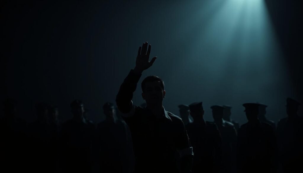 A dimly lit room, dominated by a group of uniformed figures standing in a row, their faces obscured. The lighting casts long, dramatic shadows, creating a sense of tension and authority. In the foreground, a central figure emerges, holding a raised hand, symbolizing control and security. The background is hazy, with a subtle pattern or texture suggesting the context of the scene. The overall atmosphere is one of order, discipline, and the quiet power of an organized force. Lens: 35mm. Lighting: chiaroscuro.
