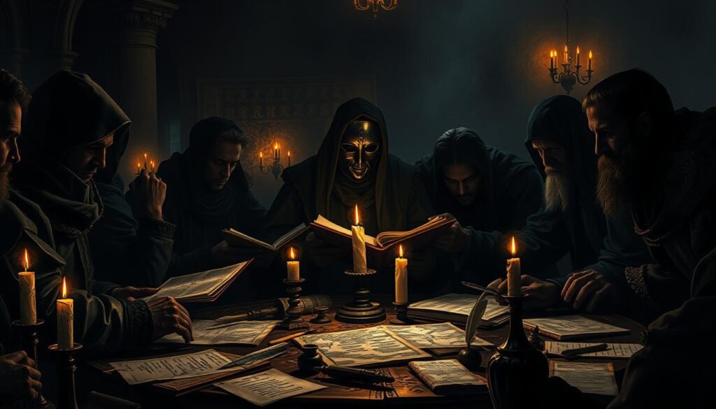 A dimly lit room, illuminated by flickering candles, reveals a gathering of men deep in discussion. Shadowy figures pore over ancient texts and maps, their faces obscured by the mysterious "Man in the Iron Mask" - a subject of endless fascination and speculation. In the foreground, a table is scattered with papers, quills, and inkwells, hinting at the intellectual debate unfolding. The mood is one of intrigue and mystery, as the men grapple with the enigma of this historical figure and the various theories surrounding his true identity. The scene is rendered in a moody, atmospheric style, with a focus on the interplay of light and shadow to heighten the sense of mystery.