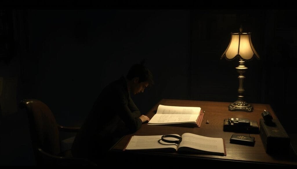 A dimly lit, shadowy room with a large wooden desk and an ornate lamp casting a warm glow. On the desk, an open file with scattered papers and a magnifying glass, hinting at the investigative work of the enigmatic detective L. In the foreground, a single, slender figure sits hunched in an unconventional posture, deep in thought, his face obscured by the darkness. The atmosphere is one of intense focus and cerebral inquiry, reflecting the complex, intellectual cat-and-mouse game between L and the elusive Kira. A dimly lit, shadowy room with a large wooden desk and an ornate lamp casting a warm glow. On the desk, an open file with scattered papers and a magnifying glass, hinting at the investigative work of the enigmatic detective L. In the foreground, a single, slender figure sits hunched in an unconventional posture, deep in thought, his face obscured by the darkness. The atmosphere is one of intense focus and cerebral inquiry, reflecting the complex, intellectual cat-and-mouse game between L and the elusive Kira.