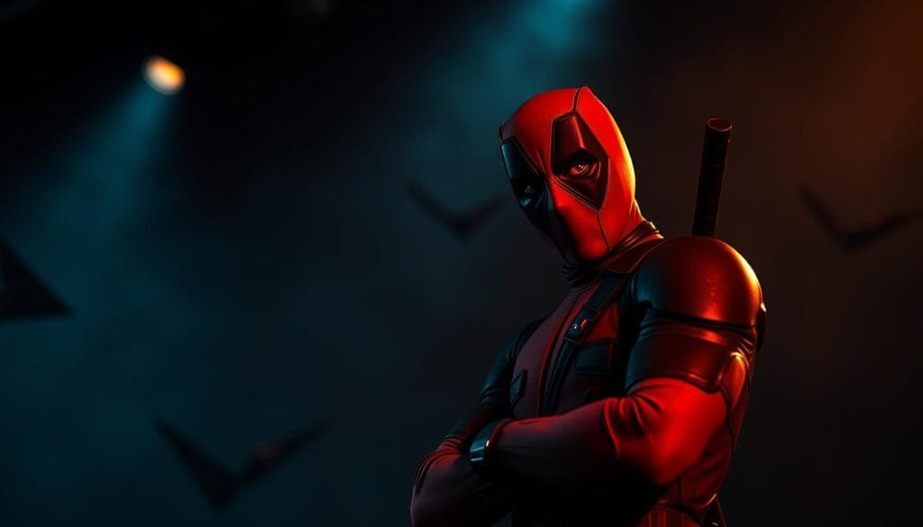 A dimly lit stage, the fourth wall broken, revealing a meta-narrative of self-awareness. A deadpool-masked figure stands center stage, leaning casually against the edge of the frame, gazing directly at the viewer. Dramatic chiaroscuro lighting casts deep shadows, creating an air of mystery and intrigue. The background is hazy, blurred, allowing the focus to remain on the central character and the sense of breaking free from conventional storytelling. Cinematic in composition, the image conveys the essence of Deadpool's signature "fourth wall" breaking and meta-commentary.