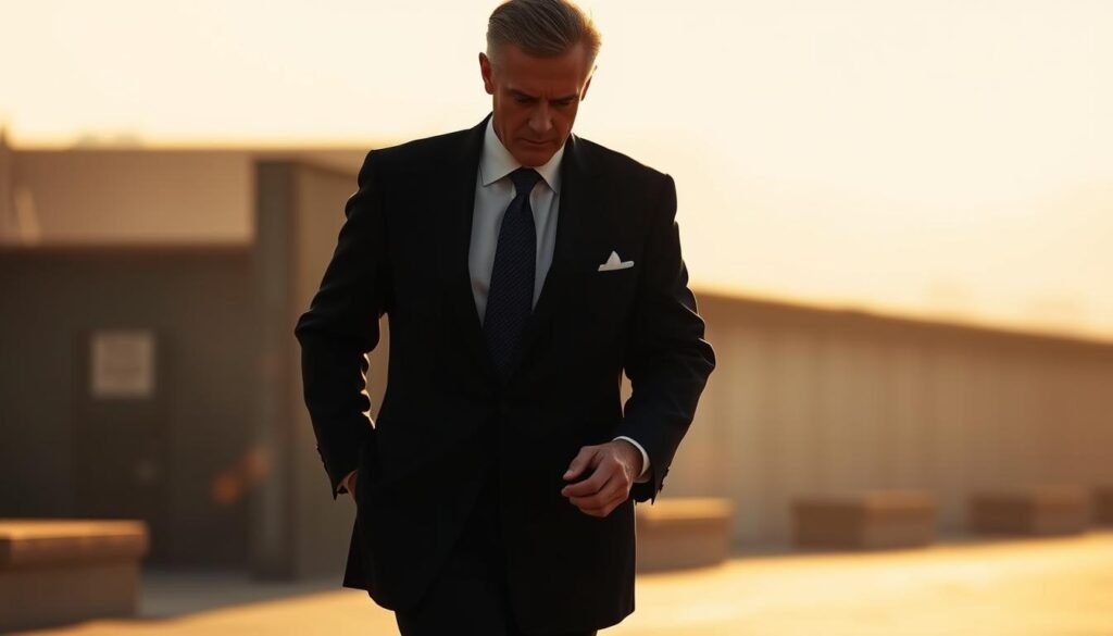 A distinguished gentleman in a crisp black suit, striding purposefully forward with an air of confidence and determination. His face is partly obscured, leaving his identity ambiguous yet recognizable as the iconic Johnnie Walker figure. The scene is bathed in warm, golden light, casting dramatic shadows that accentuate the man's resolute posture. The background is hazy, blurred, allowing the viewer to focus on the central character and his iconic silhouette. The image conveys a sense of timeless elegance, and the figure's steady gait symbolizes the brand's enduring legacy and forward-looking spirit. A distinguished gentleman in a crisp black suit, striding purposefully forward with an air of confidence and determination. His face is partly obscured, leaving his identity ambiguous yet recognizable as the iconic Johnnie Walker figure. The scene is bathed in warm, golden light, casting dramatic shadows that accentuate the man's resolute posture. The background is hazy, blurred, allowing the viewer to focus on the central character and his iconic silhouette. The image conveys a sense of timeless elegance, and the figure's steady gait symbolizes the brand's enduring legacy and forward-looking spirit.