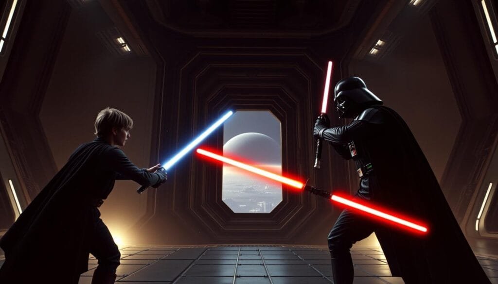 A dramatic, cinematic scene depicting the climactic finale of "The Empire Strikes Back". In the foreground, Luke Skywalker and Darth Vader engage in an intense lightsaber duel, their blades clashing with sparks and fury. Vader's towering, imposing presence looms over the younger Jedi, as Luke fights with determination and skill. In the middle ground, the vast, industrial interior of Cloud City is rendered in sharp, moody chiaroscuro lighting, with the iconic window frame overlooking the planet Bespin in the distance. The background is shrouded in an ominous, atmospheric haze, creating a sense of isolation and the weight of the revelations to come. The overall mood is one of high drama, tension, and the pivotal moment before a shocking discovery that will forever change the course of the saga. A dramatic, cinematic scene depicting the climactic finale of "The Empire Strikes Back". In the foreground, Luke Skywalker and Darth Vader engage in an intense lightsaber duel, their blades clashing with sparks and fury. Vader's towering, imposing presence looms over the younger Jedi, as Luke fights with determination and skill. In the middle ground, the vast, industrial interior of Cloud City is rendered in sharp, moody chiaroscuro lighting, with the iconic window frame overlooking the planet Bespin in the distance. The background is shrouded in an ominous, atmospheric haze, creating a sense of isolation and the weight of the revelations to come. The overall mood is one of high drama, tension, and the pivotal moment before a shocking discovery that will forever change the course of the saga.