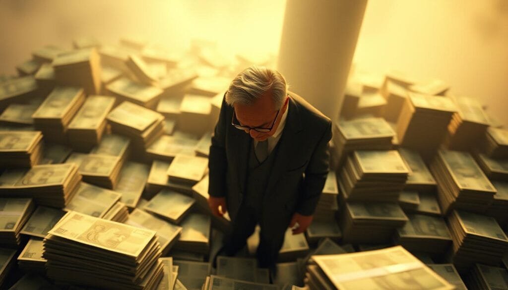 A dramatic high-angle shot of a large stack of British pound notes, their green hues casting a warm glow under soft, directional lighting. In the foreground, a lone, imposing figure - the legendary investor George Soros - stands tall, his expression one of fierce determination as he gazes intently at the wealth before him. The background is hazy, out of focus, emphasizing the central focus on Soros and his conquest. The overall scene conveys a sense of power, triumph, and the pivotal moment when Soros' bold wager against the Bank of England's currency set him on the path to becoming one of the most influential and successful financiers of our time. A dramatic high-angle shot of a large stack of British pound notes, their green hues casting a warm glow under soft, directional lighting. In the foreground, a lone, imposing figure - the legendary investor George Soros - stands tall, his expression one of fierce determination as he gazes intently at the wealth before him. The background is hazy, out of focus, emphasizing the central focus on Soros and his conquest. The overall scene conveys a sense of power, triumph, and the pivotal moment when Soros' bold wager against the Bank of England's currency set him on the path to becoming one of the most influential and successful financiers of our time.
