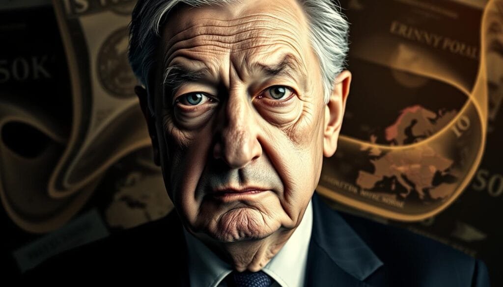 A dramatic, high-contrast portrait of George Soros, the renowned financier and philanthropist, set against a backdrop of flowing currency and world maps. Soros' weathered face, intense gaze, and contemplative expression convey his complex legacy - from the "speculator" who "broke the Bank of England" to the global philanthropist whose Open Society Foundations have funded democracy and human rights worldwide. Dramatic lighting highlights the depth and gravitas of his visage, while the swirling, ethereal financial and geopolitical elements in the background symbolize the far-reaching impact of his life's work. A dramatic, high-contrast portrait of George Soros, the renowned financier and philanthropist, set against a backdrop of flowing currency and world maps. Soros' weathered face, intense gaze, and contemplative expression convey his complex legacy - from the "speculator" who "broke the Bank of England" to the global philanthropist whose Open Society Foundations have funded democracy and human rights worldwide. Dramatic lighting highlights the depth and gravitas of his visage, while the swirling, ethereal financial and geopolitical elements in the background symbolize the far-reaching impact of his life's work.