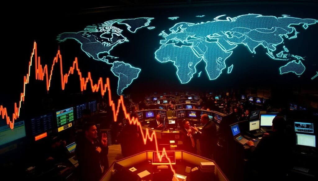 A dramatic, high-contrast scene of the global financial markets in turmoil on September 2008. In the foreground, the Dow Jones Industrial Average and S&P 500 stock indexes plummet, their graphs depicting a steep, jagged decline. The middle ground shows a panoramic view of a stock exchange floor, with traders frantically shouting and gesturing amidst a chaotic haze of activity. In the background, the world map glows ominously, suggesting the widespread impact of the crisis. The lighting is harsh, casting deep shadows and highlighting the sense of panic and uncertainty. The overall atmosphere conveys the magnitude of the economic collapse and the shockwaves it sent through global markets. A dramatic, high-contrast scene of the global financial markets in turmoil on September 2008. In the foreground, the Dow Jones Industrial Average and S&P 500 stock indexes plummet, their graphs depicting a steep, jagged decline. The middle ground shows a panoramic view of a stock exchange floor, with traders frantically shouting and gesturing amidst a chaotic haze of activity. In the background, the world map glows ominously, suggesting the widespread impact of the crisis. The lighting is harsh, casting deep shadows and highlighting the sense of panic and uncertainty. The overall atmosphere conveys the magnitude of the economic collapse and the shockwaves it sent through global markets.