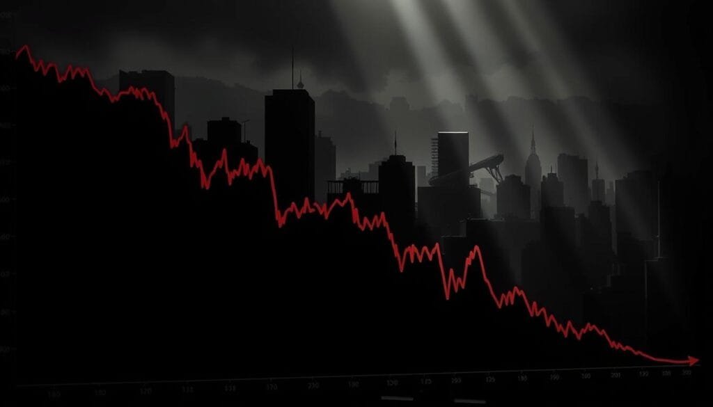 A dramatic, high-contrast stock market chart depicting the sharp decline of the Dow Jones Industrial Average during the 1929 stock market crash. The foreground shows a bold, jagged line plunging steeply downward, conveying the rapid and catastrophic collapse. The middle ground features a shadowy, ominous cityscape in the background, hinting at the wider economic devastation. The entire scene is illuminated by dramatic, low-angle lighting, creating a sense of tension and foreboding. The overall mood is one of chaos, uncertainty, and the onset of the Great Depression. A dramatic, high-contrast stock market chart depicting the sharp decline of the Dow Jones Industrial Average during the 1929 stock market crash. The foreground shows a bold, jagged line plunging steeply downward, conveying the rapid and catastrophic collapse. The middle ground features a shadowy, ominous cityscape in the background, hinting at the wider economic devastation. The entire scene is illuminated by dramatic, low-angle lighting, creating a sense of tension and foreboding. The overall mood is one of chaos, uncertainty, and the onset of the Great Depression.