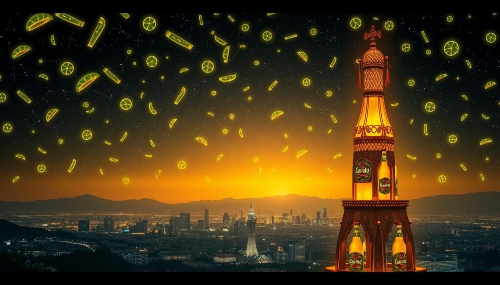 A dramatic night sky filled with a constellation of glowing, stylized beer bottles and lime slices, casting a warm, inviting glow. In the foreground, a towering, ornate corporate logo dominates the scene, its design elements intertwined with the celestial arrangement. The middle ground features a panorama of international cityscapes, hinting at the global reach and expansion of the brand. Soft, diffused lighting illuminates the entire composition, creating a sense of prestige and sophistication. The overall atmosphere evokes the international renown and cultural significance of this iconic beer company.