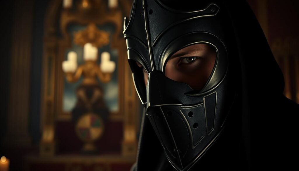 A dramatic portrait of "The Man in the Iron Mask", illuminated by dramatic low-key lighting. In the foreground, a shadowy figure wearing the iconic iron mask, its angular features and harsh lines evoking a sense of mystery and isolation. The background is blurred, with a subtle hint of a grand, ornate interior suggesting a royal setting. The lighting casts dramatic shadows, emphasizing the mask's severe contours and the wearer's pensive, introspective expression. The overall mood is one of intrigue, melancholy, and the burden of an unknown, hidden identity.