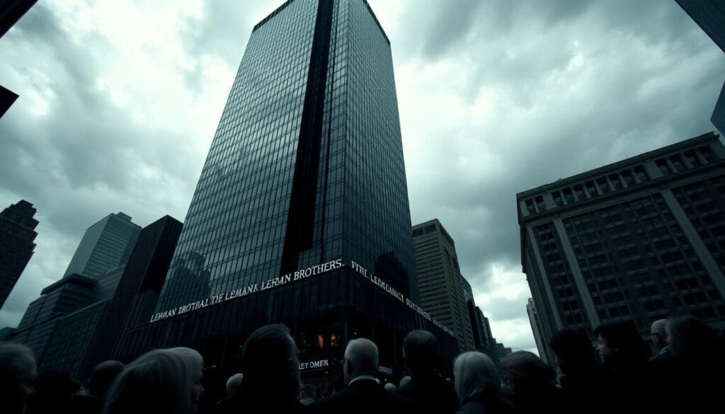 A dramatic scene of the Lehman Brothers headquarters during the 2008 financial crisis. The iconic skyscraper stands tall, its glass facade reflecting the ominous clouds overhead. In the foreground, a crowd of people gathers, their expressions a mix of shock and despair as they witness the collapse of the once-mighty financial institution. The scene is bathed in a somber, muted palette, conveying the gravity of the moment. The lighting is moody, with sharp shadows and highlights emphasizing the tension and uncertainty of the situation. The camera angle is slightly low, giving a sense of the towering magnitude of the event. This powerful image captures the pivotal moment when a "too big to fail" bank finally succumbed, triggering a global economic crisis. A dramatic scene of the Lehman Brothers headquarters during the 2008 financial crisis. The iconic skyscraper stands tall, its glass facade reflecting the ominous clouds overhead. In the foreground, a crowd of people gathers, their expressions a mix of shock and despair as they witness the collapse of the once-mighty financial institution. The scene is bathed in a somber, muted palette, conveying the gravity of the moment. The lighting is moody, with sharp shadows and highlights emphasizing the tension and uncertainty of the situation. The camera angle is slightly low, giving a sense of the towering magnitude of the event. This powerful image captures the pivotal moment when a "too big to fail" bank finally succumbed, triggering a global economic crisis.
