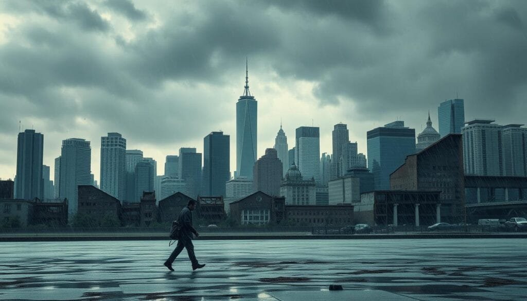 A dreary, storm-tossed scene of a city skyline, shadowed by the looming clouds of economic crisis. In the foreground, a lone figure trudges through the rain, weighted down by the burdens of the 2008 financial collapse. In the middle ground, crumbling buildings and rusted infrastructure symbolize the ravages of the Great Recession. The background is dominated by the imposing silhouettes of skyscrapers, their glass facades obscured by the hazy, ominous skies that portend the coming COVID-19 pandemic. The overall mood is one of despair and uncertainty, a visual representation of the lessons hard-learned from the economic upheavals of recent history.