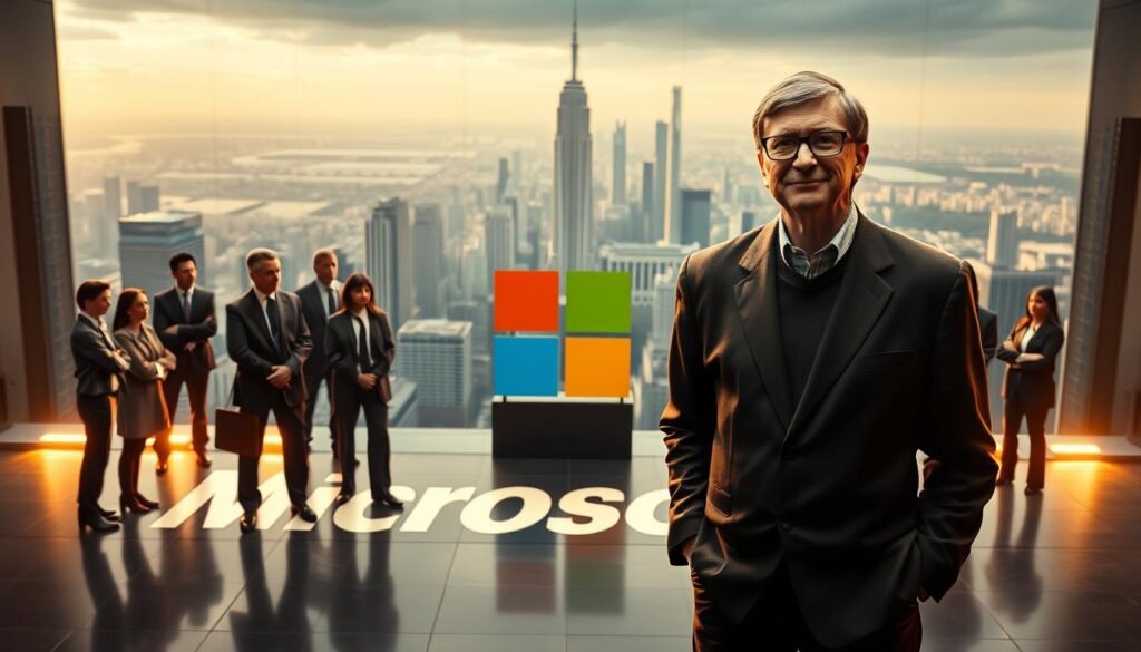 A dynamic and impactful scene depicting the leadership of Microsoft, set against a backdrop of innovation and technological revolution. In the foreground, a commanding figure of Bill Gates stands tall, exuding confidence and strategic vision. Surrounding him, a team of Microsoft executives and engineers, each contributing their unique expertise, as they collaborate to shape the company's future. The middle ground showcases the iconic Microsoft logo, its bold design reflecting the brand's unwavering commitment to excellence and cutting-edge technology. In the background, a panoramic view of a futuristic cityscape, with towering skyscrapers and gleaming glass facades, symbolizing the far-reaching impact of Microsoft's innovations. Warm, dramatic lighting illuminates the scene, casting a sense of dynamism and purpose. The overall atmosphere conveys the power, innovation, and occasional controversies that have defined Microsoft's leadership under the stewardship of Bill Gates.