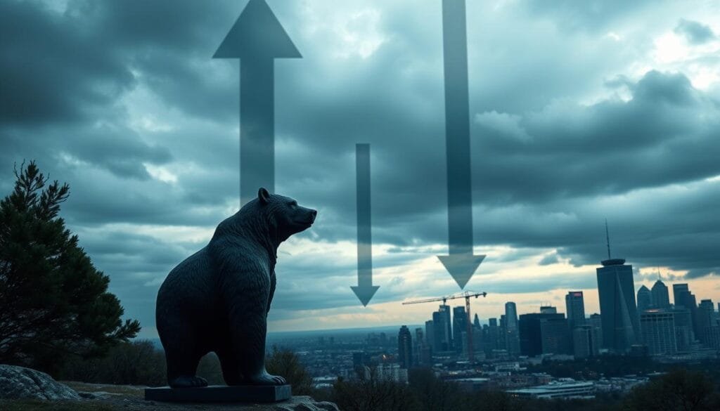 A dynamic bear market landscape, the sky cast in somber hues of gray and blue. In the foreground, a bear statue stands resolute, its gaze fixed on the horizon. Shadows of downward-pointing arrows loom in the middle ground, symbolizing the depth and duration of the bear market. In the background, a cityscape of skyscrapers and financial institutions fade into the distance, their once-vibrant lights dimmed by the weight of economic uncertainty. The scene conveys a sense of unease and the lingering effects of a prolonged downturn, mirroring the historical trends of bear markets. Intricate details, high-resolution, photorealistic. A dynamic bear market landscape, the sky cast in somber hues of gray and blue. In the foreground, a bear statue stands resolute, its gaze fixed on the horizon. Shadows of downward-pointing arrows loom in the middle ground, symbolizing the depth and duration of the bear market. In the background, a cityscape of skyscrapers and financial institutions fade into the distance, their once-vibrant lights dimmed by the weight of economic uncertainty. The scene conveys a sense of unease and the lingering effects of a prolonged downturn, mirroring the historical trends of bear markets. Intricate details, high-resolution, photorealistic.