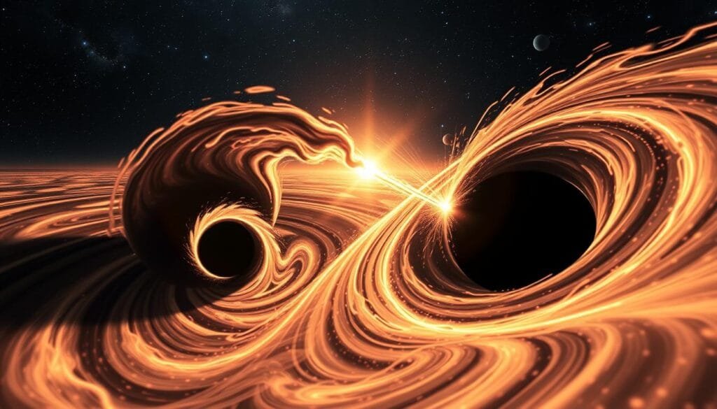 A dynamic cosmic dance of two massive gravitational waves, rippling through the fabric of spacetime. In the foreground, two black holes spiral inwards, emitting powerful bursts of gravitational radiation. Swirling eddies and undulating patterns of energy radiate outwards, distorting the surrounding space. In the middle ground, the warped curvature of spacetime bends and twists, creating a mesmerizing visual tapestry. The background is a deep, infinite void, punctuated by distant galaxies and celestial bodies, bearing witness to this momentous event. Dramatic lighting casts dramatic shadows, heightening the sense of dramatic tension and cosmic power. The overall scene conveys the immense scale and magnitude of gravitational wave sources, as predicted by Einstein's theory of general relativity. A dynamic cosmic dance of two massive gravitational waves, rippling through the fabric of spacetime. In the foreground, two black holes spiral inwards, emitting powerful bursts of gravitational radiation. Swirling eddies and undulating patterns of energy radiate outwards, distorting the surrounding space. In the middle ground, the warped curvature of spacetime bends and twists, creating a mesmerizing visual tapestry. The background is a deep, infinite void, punctuated by distant galaxies and celestial bodies, bearing witness to this momentous event. Dramatic lighting casts dramatic shadows, heightening the sense of dramatic tension and cosmic power. The overall scene conveys the immense scale and magnitude of gravitational wave sources, as predicted by Einstein's theory of general relativity.