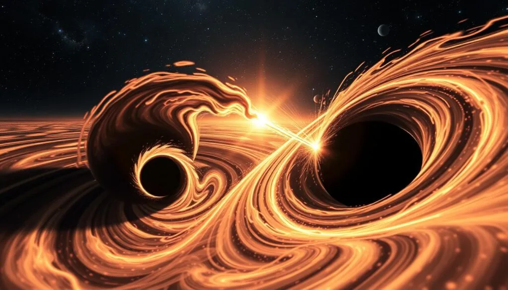 A dynamic cosmic dance of two massive gravitational waves, rippling through the fabric of spacetime. In the foreground, two black holes spiral inwards, emitting powerful bursts of gravitational radiation. Swirling eddies and undulating patterns of energy radiate outwards, distorting the surrounding space. In the middle ground, the warped curvature of spacetime bends and twists, creating a mesmerizing visual tapestry. The background is a deep, infinite void, punctuated by distant galaxies and celestial bodies, bearing witness to this momentous event. Dramatic lighting casts dramatic shadows, heightening the sense of dramatic tension and cosmic power. The overall scene conveys the immense scale and magnitude of gravitational wave sources, as predicted by Einstein's theory of general relativity. A dynamic cosmic dance of two massive gravitational waves, rippling through the fabric of spacetime. In the foreground, two black holes spiral inwards, emitting powerful bursts of gravitational radiation. Swirling eddies and undulating patterns of energy radiate outwards, distorting the surrounding space. In the middle ground, the warped curvature of spacetime bends and twists, creating a mesmerizing visual tapestry. The background is a deep, infinite void, punctuated by distant galaxies and celestial bodies, bearing witness to this momentous event. Dramatic lighting casts dramatic shadows, heightening the sense of dramatic tension and cosmic power. The overall scene conveys the immense scale and magnitude of gravitational wave sources, as predicted by Einstein's theory of general relativity.