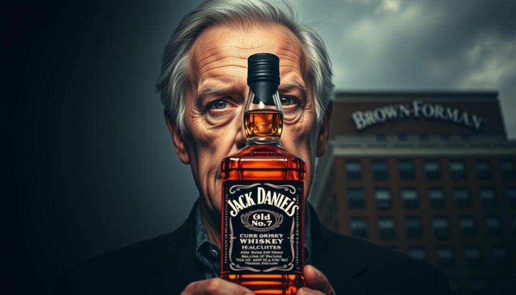 A finely detailed portrait of Jack Daniel, the legendary founder of the eponymous whiskey brand, against a backdrop of the Brown-Forman headquarters in downtown Louisville, Kentucky. Dramatic chiaroscuro lighting accentuates the lines of Daniel's weathered face, his eyes filled with a mix of determination and entrepreneurial spirit. The middle ground features the iconic square bottle of Jack Daniel's Old No. 7, glowing amber in the warm light, symbolizing the global expansion of this storied American spirit. In the background, the stately brick façade of the Brown-Forman building stands as a testament to the company's enduring success, framed by a moody, atmospheric sky. A finely detailed portrait of Jack Daniel, the legendary founder of the eponymous whiskey brand, against a backdrop of the Brown-Forman headquarters in downtown Louisville, Kentucky. Dramatic chiaroscuro lighting accentuates the lines of Daniel's weathered face, his eyes filled with a mix of determination and entrepreneurial spirit. The middle ground features the iconic square bottle of Jack Daniel's Old No. 7, glowing amber in the warm light, symbolizing the global expansion of this storied American spirit. In the background, the stately brick façade of the Brown-Forman building stands as a testament to the company's enduring success, framed by a moody, atmospheric sky.
