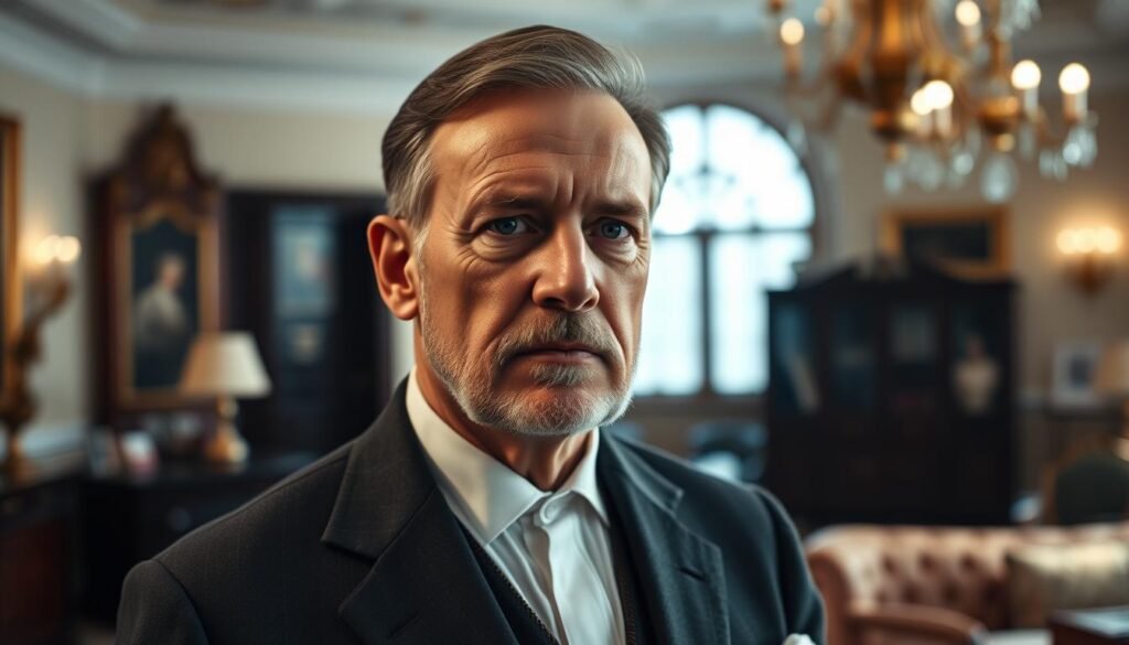 A formal portrait of Henry Royce, the co-founder of Rolls-Royce, standing in a well-lit, elegant office setting. His expression is serious yet dignified, conveying a sense of quiet authority. In the background, faintly visible, are ornate furniture and details suggesting the opulent surroundings of a prestigious engineering firm. The lighting is carefully balanced, casting subtle shadows that accentuate Royce's features and the refined atmosphere. The camera angle is slightly elevated, lending an air of importance to the subject. The overall mood is one of sophistication, innovation, and the birth of a legendary automotive brand. A formal portrait of Henry Royce, the co-founder of Rolls-Royce, standing in a well-lit, elegant office setting. His expression is serious yet dignified, conveying a sense of quiet authority. In the background, faintly visible, are ornate furniture and details suggesting the opulent surroundings of a prestigious engineering firm. The lighting is carefully balanced, casting subtle shadows that accentuate Royce's features and the refined atmosphere. The camera angle is slightly elevated, lending an air of importance to the subject. The overall mood is one of sophistication, innovation, and the birth of a legendary automotive brand.