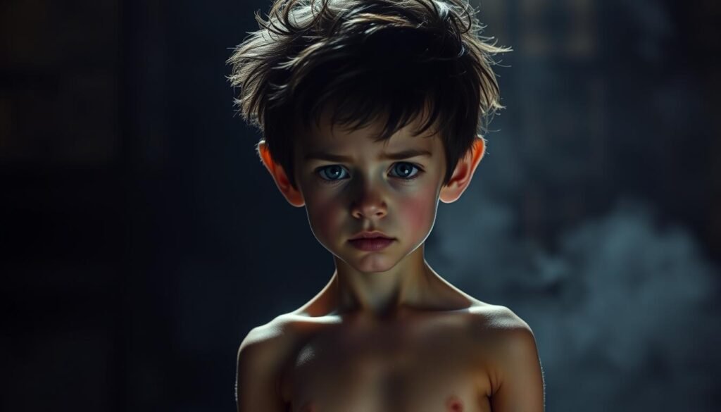A frail, sickly-looking boy with a mop of unruly dark hair and piercing blue eyes, James Howlett stands in a dimly lit room, his small frame belying the immense power that lies dormant within. Dramatic lighting casts deep shadows, accentuating the delicate features of his face and the stubborn determination in his gaze. In the background, a curtain of mist swirls, hinting at the turbulent future that awaits this young mutant as he transforms from a vulnerable child into the fearsome Wolverine, one of the most formidable members of the X-Men. A frail, sickly-looking boy with a mop of unruly dark hair and piercing blue eyes, James Howlett stands in a dimly lit room, his small frame belying the immense power that lies dormant within. Dramatic lighting casts deep shadows, accentuating the delicate features of his face and the stubborn determination in his gaze. In the background, a curtain of mist swirls, hinting at the turbulent future that awaits this young mutant as he transforms from a vulnerable child into the fearsome Wolverine, one of the most formidable members of the X-Men.