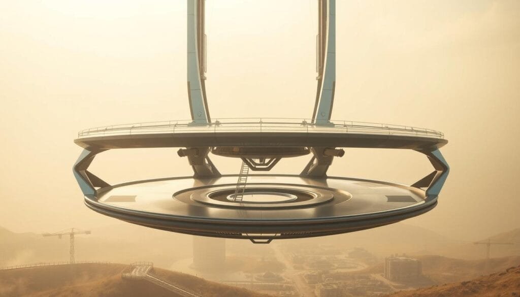 A futuristic, architectural platform suspended in a serene, dreamlike landscape. Sleek, metallic panels reflecting the soft, warm lighting from above. Elegant, geometric supports hold the platform aloft, creating a sense of weightlessness. The foreground features a central, circular hub with intricate, interlocking components. The middle ground showcases the expansive, modular design of the platform, with smooth ramps and pathways leading to various access points. The background fades into a hazy, atmospheric sky, creating a sense of boundless potential. The overall mood is one of technological innovation, harmony, and a vision for the future.
