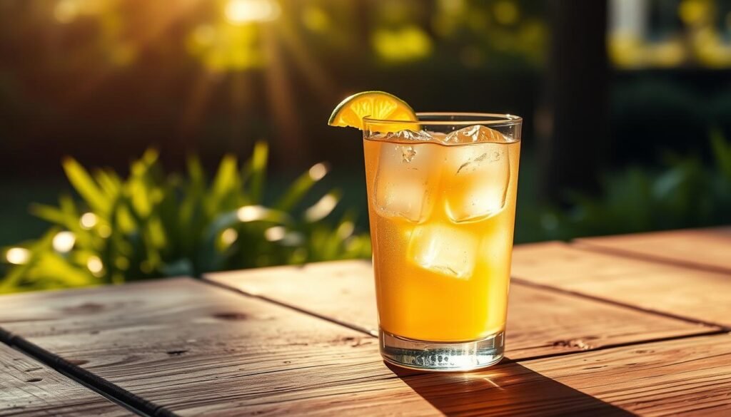 A glass tumbler filled with a refreshing pale gold liquid, garnished with a lime wedge and ice cubes. The glass sits atop a rustic wooden table, with a backdrop of lush greenery and warm sunlight filtering through. The lighting casts a soft, natural glow, highlighting the clarity of the drink and the translucent quality of the ice. The composition evokes a leisurely, summer afternoon setting, capturing the essence of the iconic Chilean "piscola" cocktail - a harmonious blend of pisco spirit and cola. A glass tumbler filled with a refreshing pale gold liquid, garnished with a lime wedge and ice cubes. The glass sits atop a rustic wooden table, with a backdrop of lush greenery and warm sunlight filtering through. The lighting casts a soft, natural glow, highlighting the clarity of the drink and the translucent quality of the ice. The composition evokes a leisurely, summer afternoon setting, capturing the essence of the iconic Chilean "piscola" cocktail - a harmonious blend of pisco spirit and cola.