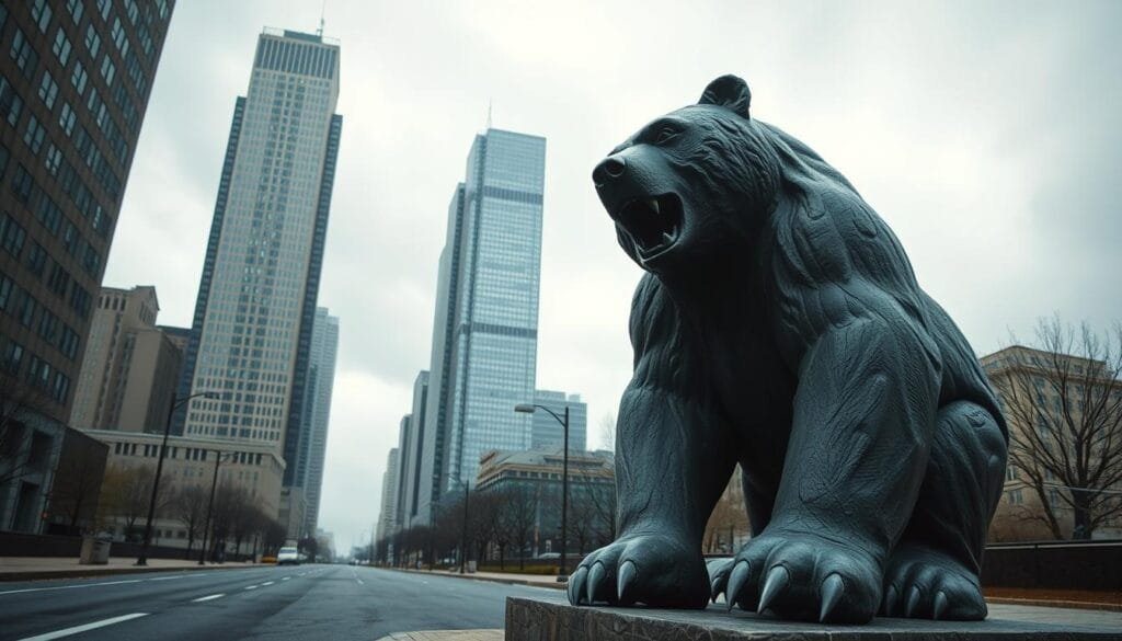 A gloomy, overcast day casts a somber mood over a deserted city street. In the foreground, a large, lumbering bear statue stands sentinel, its rugged features etched in stone. The bear's expression is one of dread and foreboding, its powerful paws gripping the ground as if bracing for a tumultuous market downturn. The background is dominated by a skyline of towering skyscrapers, their windows reflecting the grim reality of a "bear market" - a period of sustained economic decline and investor pessimism. The scene is bathed in a cool, muted color palette, conveying a sense of uncertainty and unease that pervades the financial landscape. A gloomy, overcast day casts a somber mood over a deserted city street. In the foreground, a large, lumbering bear statue stands sentinel, its rugged features etched in stone. The bear's expression is one of dread and foreboding, its powerful paws gripping the ground as if bracing for a tumultuous market downturn. The background is dominated by a skyline of towering skyscrapers, their windows reflecting the grim reality of a "bear market" - a period of sustained economic decline and investor pessimism. The scene is bathed in a cool, muted color palette, conveying a sense of uncertainty and unease that pervades the financial landscape.
