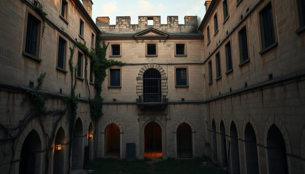 A grand 17th century French prison, its weathered stone walls and iron-barred windows casting long shadows in the soft golden light of dusk. Vines creep along the crumbling facade, a testament to the passage of time. Within, a maze of dimly lit corridors leads to small, sparse cells - the domain of those deemed enemies of the crown. An air of melancholy and oppression permeates the scene, hinting at the harsh realities of state power and the plight of the incarcerated in that era. The overall impression is one of history, decay, and the weight of human suffering.