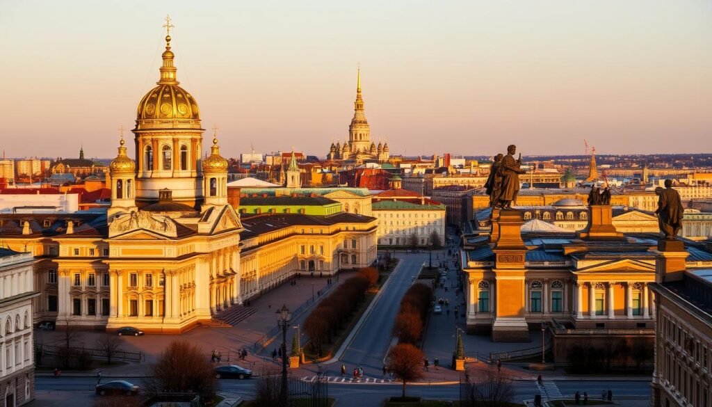 A grand, ornate city nestled along the banks of the Neva River, St. Petersburg (formerly Leningrad) stands as a testament to Imperial Russia's architectural and cultural grandeur. Majestic cathedrals with gilded domes pierce the skyline, their intricate facades bathed in the warm, golden glow of the evening sun. Cobblestone streets wind past stately palaces and grand public squares, where towering monuments of stoic historical figures bear witness to the city's storied past. In the distance, the iconic spire of the Peter and Paul Cathedral rises above the historic center, its silhouette reflected in the calm waters of the river. An air of regal elegance and timeless beauty permeates this stunning urban landscape, evoking the city's resilient spirit and enduring legacy.