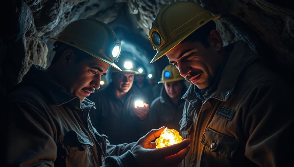 A group of miners, donning hard hats and safety gear, navigating the rugged, dimly lit tunnels of a northern Chilean mine. The flickering glow of their headlamps illuminates the rocky walls, casting dramatic shadows that hint at the mythical El Alicanto, a legendary bird said to eat gold and glow in the darkness. In the foreground, a miner carefully inspects a glimmering ore sample, while in the middle ground, others work diligently, their expressions focused and determined. The background fades into the depth of the tunnel, suggesting the vast expanse of the mine and the challenges faced by those who toil within. This scene conveys the cultural heritage, the spirit of exploration, and the educational significance of the El Alicanto legend within the mining communities of northern Chile.