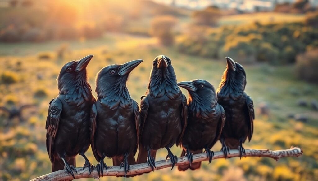 A group of playful crows perched on a branch, their beady eyes gleaming with mischief. The sun casts a warm, golden glow, illuminating their glossy black feathers. In the background, a lush, verdant landscape stretches out, hinting at the serene Chilean environment they call home. The crows appear to be engaged in a lively exchange, their heads tilted and bodies animated, suggesting a shared sense of humor and camaraderie. The scene conveys a lighthearted, whimsical atmosphere, inviting the viewer to observe these intelligent and entertaining avian companions with respect and delight.