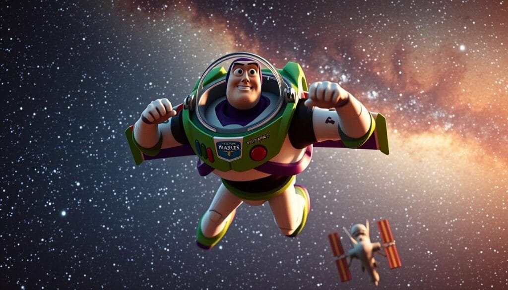 A heroic Buzz Lightyear figure soaring against a backdrop of the majestic Milky Way galaxy, his iconic green and white spacesuit gleaming under the soft glow of distant stars. Powerful thrusters propel him forward, a determined expression on his face as he gazes towards the International Space Station hovering in the foreground. The scene evokes a sense of adventure, exploration, and the boundless spirit of human innovation, inspired by the real-life achievements of astronaut Buzz Aldrin. Cinematic lighting and a dramatic camera angle heighten the sense of grandeur and scale, transporting the viewer beyond the screen and into the awe-inspiring realm of space exploration.