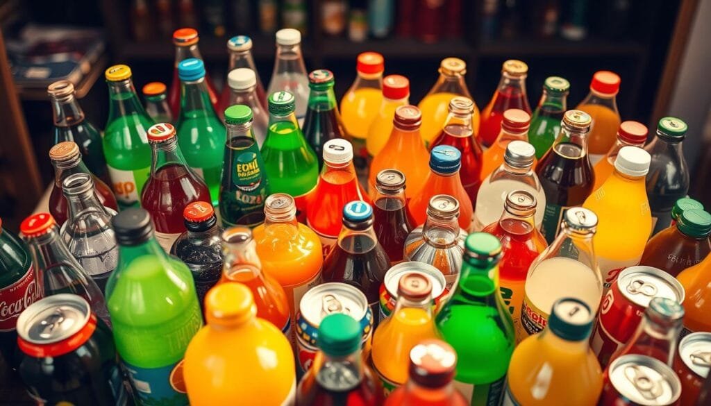 A high-angle view showcasing a diverse array of beverage bottles and cans, capturing the vibrant colors and distinct branding of popular soda and juice products. The scene is bathed in warm, soft lighting, creating a sense of approachability and visual appeal. The arrangement is carefully curated, with the items positioned in a visually engaging manner, emphasizing the variety and evolution of the beverage market. The background is slightly blurred, allowing the foreground products to take center stage and convey a sense of the competitive landscape in the soda industry. A high-angle view showcasing a diverse array of beverage bottles and cans, capturing the vibrant colors and distinct branding of popular soda and juice products. The scene is bathed in warm, soft lighting, creating a sense of approachability and visual appeal. The arrangement is carefully curated, with the items positioned in a visually engaging manner, emphasizing the variety and evolution of the beverage market. The background is slightly blurred, allowing the foreground products to take center stage and convey a sense of the competitive landscape in the soda industry.