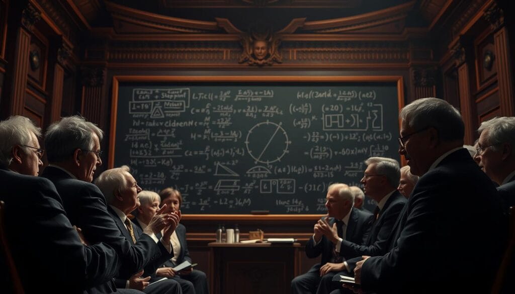 A high-contrast, cinematic scene depicting the "critical reception and debate" around complex mathematical problems. In the foreground, a group of scholars in formal attire engaged in lively discussion, gesticulating animatedly. Their expressions range from intense concentration to passionate disagreement. The middle ground features a large chalkboard covered in intricate mathematical equations and diagrams, hinting at the profound subject matter. In the background, a grand, dimly lit auditorium evokes a sense of intellectual theater, with ornate architectural details and moody lighting creating an atmosphere of heightened scrutiny and scholarly tradition. The overall composition conveys the gravity, drama, and intellectual fervor surrounding the "original" mathematical challenges that have eluded even the greatest minds.