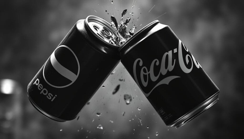 A high-contrast, gritty, black-and-white photograph of two iconic soda cans - Pepsi and Coca-Cola - colliding in mid-air, locked in a fierce battle. The cans are illuminated by dramatic lighting, casting dramatic shadows and highlights that emphasize the intensity of their conflict. The background is blurred, keeping the focus on the confrontation between the two rival brands. The composition is dynamic, with the cans at an angle, conveying a sense of movement and struggle. The overall atmosphere is one of tension, rivalry, and a hard-fought "war" between these two titans of the soft drink industry.