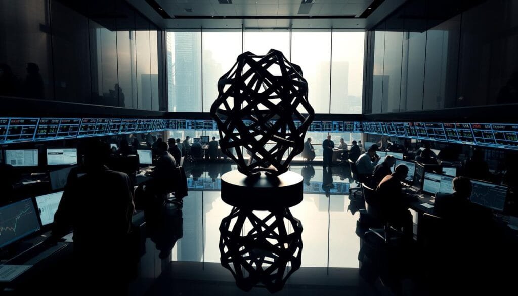 A high-contrast, wide-angle view of a reflective, glass-walled financial trading floor, with traders in the foreground absorbed in their screens and charts. The room is illuminated by bright, directional lighting, casting long shadows and creating a sense of intensity and focus. In the middle ground, a large, abstract sculpture made of interlocking geometric shapes symbolizes the complexity and interconnectedness of global markets. The background is hazy, with a sense of depth and movement, suggesting the larger economic forces at play. The overall mood is one of intellectual rigor, analytical precision, and the weight of financial decision-making. A high-contrast, wide-angle view of a reflective, glass-walled financial trading floor, with traders in the foreground absorbed in their screens and charts. The room is illuminated by bright, directional lighting, casting long shadows and creating a sense of intensity and focus. In the middle ground, a large, abstract sculpture made of interlocking geometric shapes symbolizes the complexity and interconnectedness of global markets. The background is hazy, with a sense of depth and movement, suggesting the larger economic forces at play. The overall mood is one of intellectual rigor, analytical precision, and the weight of financial decision-making.