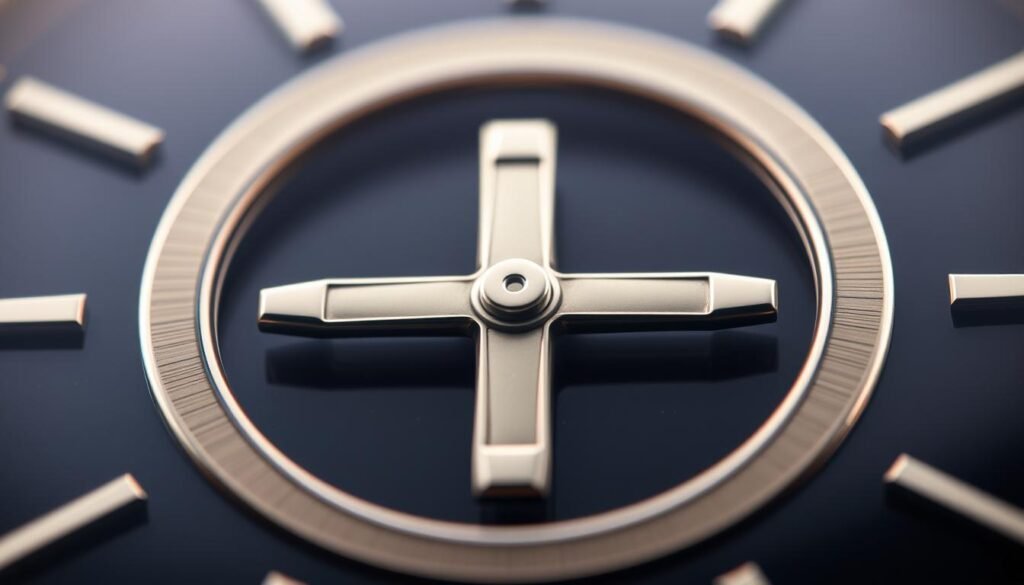 A high-quality, close-up view of the iconic Calatrava cross emblem, the signature design element of the prestigious Patek Philippe watch brand. The emblem is rendered in intricate detail, with crisp lines, precise symmetry, and a lustrous metallic finish that catches the light beautifully. The background is soft and out of focus, creating a sense of depth and emphasizing the central focus on the exquisite Calatrava design. The image exudes a sense of timeless elegance, reflecting the rich heritage and exceptional craftsmanship that defines the Patek Philippe brand.