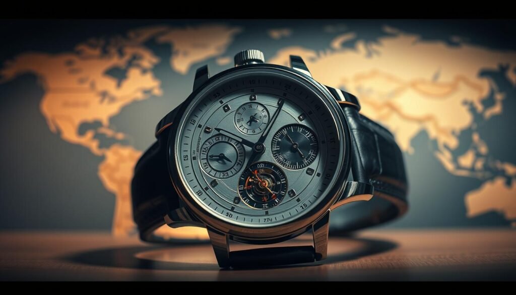 A high-quality, hyper-realistic illustration of a Patek Philippe world time watch, showcasing its complex dial and intricate mechanisms. The watch is captured in a dramatic chiaroscuro lighting, with deep shadows and warm highlights accentuating the fine details and luxurious materials. The background is a softly blurred world map, hinting at the watch's ability to display multiple time zones simultaneously. The composition emphasizes the watch's elegant, timeless design and its status as a true masterpiece of horology. A high-quality, hyper-realistic illustration of a Patek Philippe world time watch, showcasing its complex dial and intricate mechanisms. The watch is captured in a dramatic chiaroscuro lighting, with deep shadows and warm highlights accentuating the fine details and luxurious materials. The background is a softly blurred world map, hinting at the watch's ability to display multiple time zones simultaneously. The composition emphasizes the watch's elegant, timeless design and its status as a true masterpiece of horology.