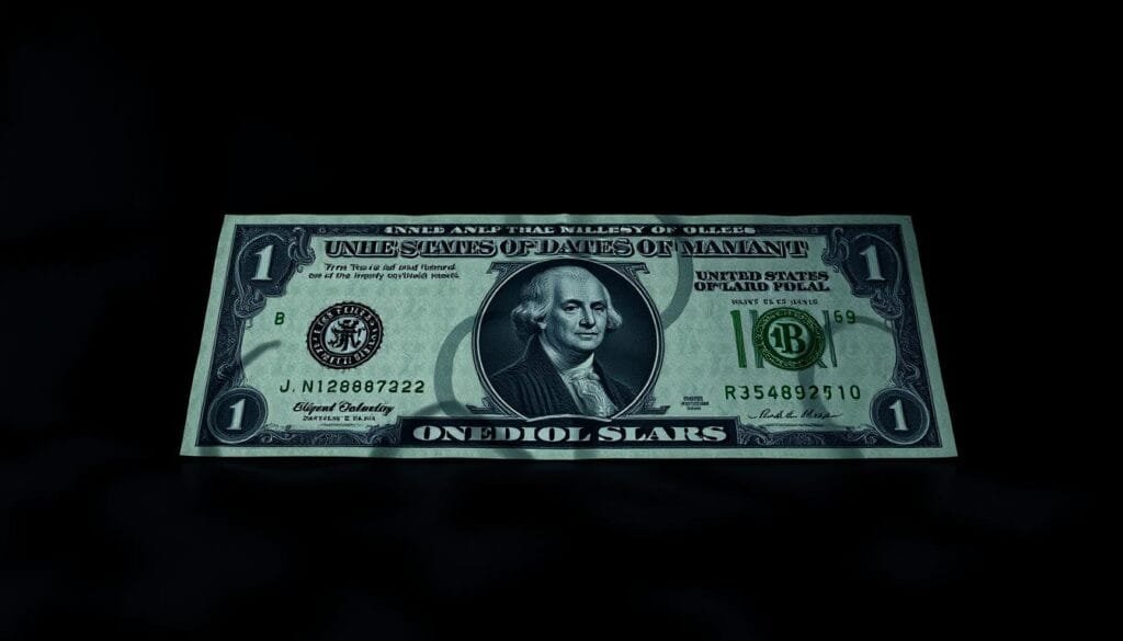 A high-resolution, detailed rendering of a United States dollar bill, presented against a dark, moody backdrop. The bill's design features intricate patterns, symbols, and motifs that evoke a sense of mystery and hidden meaning. The lighting is dramatic, casting deep shadows and highlights that accentuate the bill's features. The composition places the dollar bill in the center, with a sense of depth and scale that suggests its global significance and circulation. The overall atmosphere is one of intrigue and subtle power, hinting at the complex symbolism and influence of the US dollar in international finance and politics.