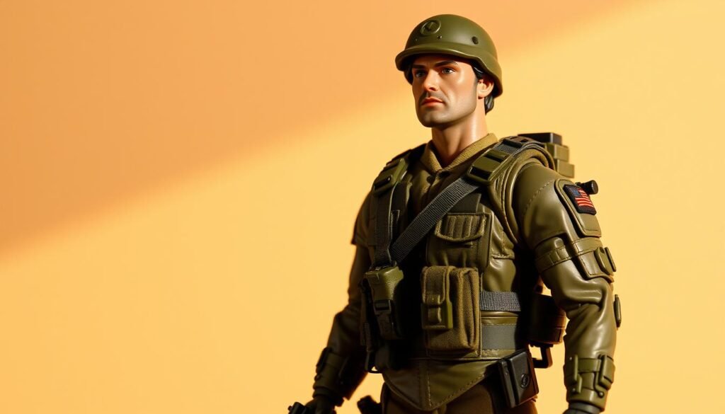 A highly detailed, photorealistic depiction of the iconic G.I. Joe action figure, a true embodiment of the "action figure" concept. Set against a neutral backdrop, the figure stands tall and proud, dressed in its classic military fatigues, complete with intricate webbing, pouches, and equipment. The figure's facial features are expressive, capturing the determined gaze of a seasoned soldier. Warm lighting from the side casts subtle shadows, accentuating the sculpted details and creating a sense of depth and dimension. The overall composition emphasizes the toy's rugged design and its role in revolutionizing the toy industry, paving the way for the "action figure" label that would forever change the way children play.