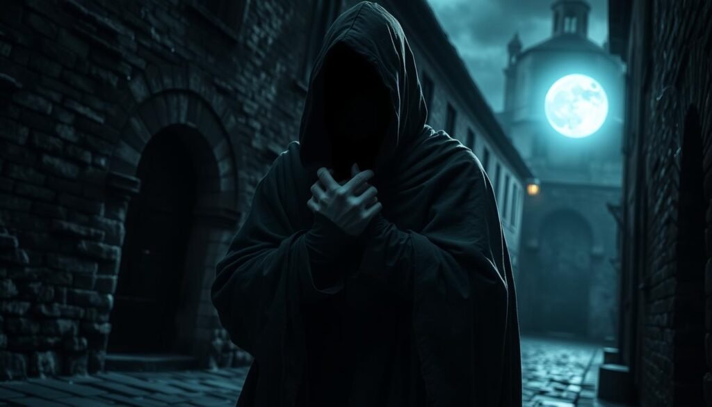 A hooded figure standing in a dimly lit medieval European street, their face obscured by shadow. Moonlight casts an eerie glow, illuminating the weathered cobblestones and crumbling brick buildings. The figure's long, bony fingers clutch the folds of a tattered cloak, hinting at the supernatural power that lies within. The air is thick with an unsettling silence, as if the very world holds its breath in anticipation of the vampire's next move. Hints of sharp fangs glint from beneath the shroud, a promise of the predatory nature that lurks beneath the surface. A moody, atmospheric scene that captures the essence of the historic vampire mythos.