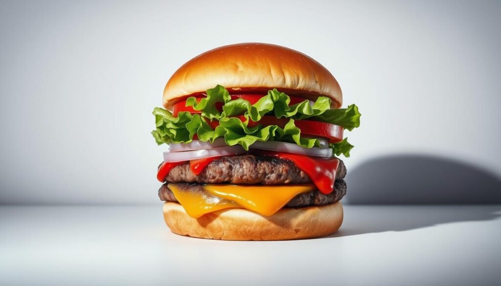 A large, juicy Whopper burger taking center stage, resting on a white, minimalist background. The bun is perfectly toasted, the patty sizzling with a chargrilled aroma. Layers of fresh lettuce, tomatoes, onions, and the signature Whopper sauce oozing out the sides, creating a mouthwatering visual. Dramatic lighting casts shadows, highlighting the burger's bold, iconic shape. The composition emphasizes the Whopper's dominance, conveying its status as the crown jewel of the Burger King menu. A sense of premium quality and indulgence permeates the scene, capturing the essence of "The Home of the Whopper."