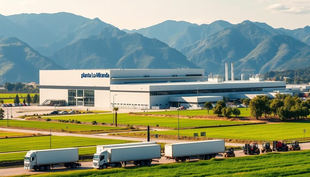 A large, modern industrial plant nestled in lush green fields, surrounded by towering mountains. The facade of the building, "planta Lo Miranda", is sleek and contemporary, with expansive windows and clean lines. In the foreground, a fleet of delivery trucks and forklifts bustle with activity, reflecting the plant's bustling operations. The sky is bright and sunny, casting warm, diffuse lighting across the scene. The overall atmosphere conveys a sense of efficiency, scale, and a successful business in full swing. The image should capture the essence of a thriving, export-oriented food production facility.
