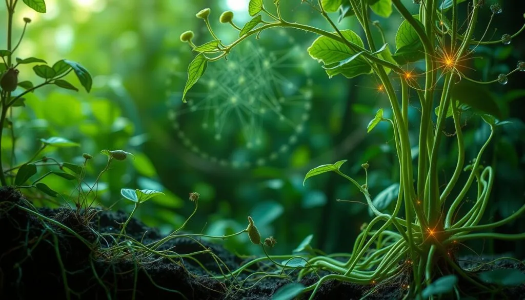 A lush, verdant scene depicting the intricate neurobiological processes of plants. In the foreground, delicate root systems wind through the soil, pulsing with an intricate network of neural pathways. Branches and leaves in the middle ground sway gently, their cellular structures illuminated by a soft, diffused lighting that accentuates the hidden intelligence within. In the background, a complex array of synaptic connections and electrochemical signals emanate from the plant, conveying a sense of the plant's remarkable cognitive capacities. The overall mood is one of wonder and curiosity, inviting the viewer to explore the hidden depths of the plant's inner workings.