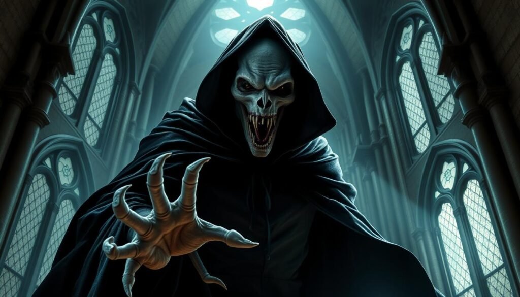 A macabre and haunting figure emerges from the shadows, its gaunt visage adorned with sunken eyes and sharp fangs. Clad in a billowing black cloak, the vampiro looms tall and imposing, casting an ominous presence against a backdrop of gloomy, Gothic architecture. Moonlight filters through stained glass, casting an ethereal glow that accentuates the creature's unearthly pallor. The vampiro's bony fingers extend, beckoning the viewer to venture deeper into this realm of gothic horror, where the line between the living and the undead blurs. A sense of foreboding and dread permeates the scene, hinting at the primordial terror that once gripped Eastern Europe.