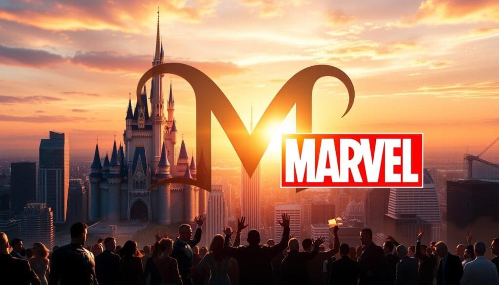 A magnificent rendering of the Walt Disney Company's acquisition of Marvel Entertainment in August 2009. Set against a vibrant cityscape, the image depicts the iconic Disney castle and Marvel's famous "M" logo intertwining, symbolizing the historic merger. The foreground showcases a majestic silhouette of the Marvel characters, their powers and heroism emanating from the frame. The middle ground features the bustling financial district, with towering skyscrapers and a crowd of business executives celebrating the deal. The background is a warm, golden-hued sunset, casting a dreamlike glow over the entire scene, hinting at the bright future of this partnership. The overall mood is one of triumph, innovation, and the convergence of two legendary entertainment powerhouses. A magnificent rendering of the Walt Disney Company's acquisition of Marvel Entertainment in August 2009. Set against a vibrant cityscape, the image depicts the iconic Disney castle and Marvel's famous "M" logo intertwining, symbolizing the historic merger. The foreground showcases a majestic silhouette of the Marvel characters, their powers and heroism emanating from the frame. The middle ground features the bustling financial district, with towering skyscrapers and a crowd of business executives celebrating the deal. The background is a warm, golden-hued sunset, casting a dreamlike glow over the entire scene, hinting at the bright future of this partnership. The overall mood is one of triumph, innovation, and the convergence of two legendary entertainment powerhouses.