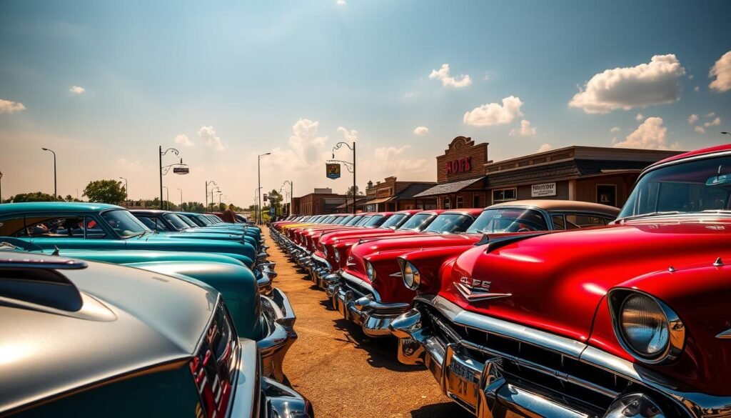 A magnificent row of sleek, vintage American automobiles from the mid-20th century, set against the backdrop of a quaint, Midwestern small town. The cars, in a range of classic hues like chrome, crimson, and turquoise, sit gleaming under the warm, golden light of the afternoon sun. In the foreground, the shiny chrome grilles and tailfins of the vehicles create a striking visual rhythm, hinting at the power and prestige of these icons of American automotive design. In the middle ground, the neatly manicured lawns and quaint, clapboard storefronts of the town evoke a sense of nostalgia and small-town charm. The background is dominated by a hazy, azure sky, dotted with fluffy white clouds, creating a tranquil, picturesque setting for this showcase of classic American motor cars. A magnificent row of sleek, vintage American automobiles from the mid-20th century, set against the backdrop of a quaint, Midwestern small town. The cars, in a range of classic hues like chrome, crimson, and turquoise, sit gleaming under the warm, golden light of the afternoon sun. In the foreground, the shiny chrome grilles and tailfins of the vehicles create a striking visual rhythm, hinting at the power and prestige of these icons of American automotive design. In the middle ground, the neatly manicured lawns and quaint, clapboard storefronts of the town evoke a sense of nostalgia and small-town charm. The background is dominated by a hazy, azure sky, dotted with fluffy white clouds, creating a tranquil, picturesque setting for this showcase of classic American motor cars.