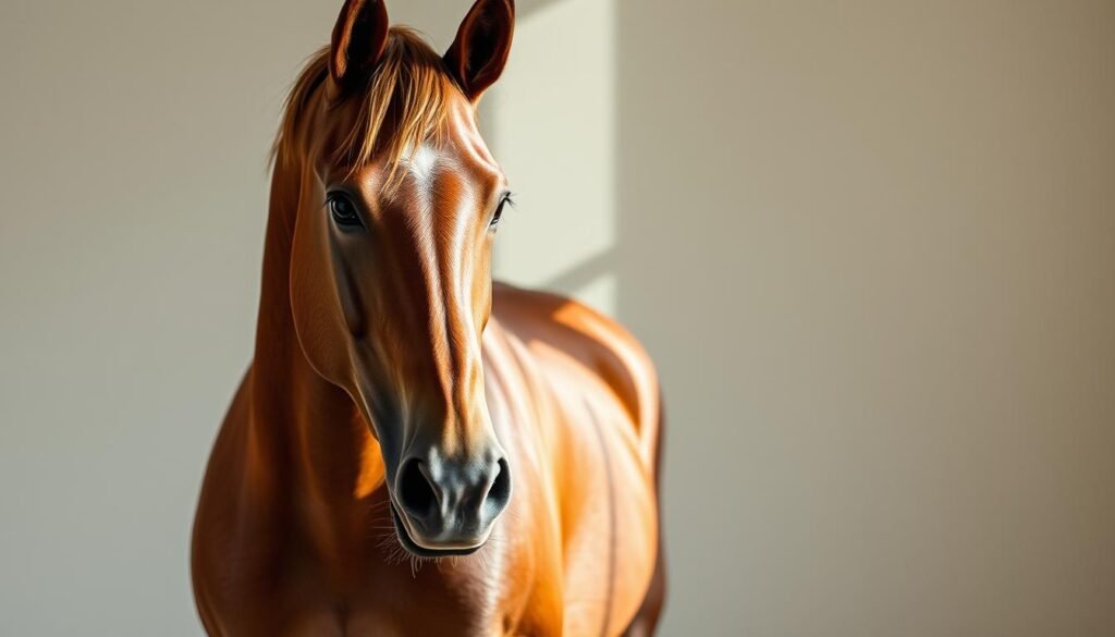 A majestic chestnut stallion named "von Osten", standing tall and proud, his dark eyes filled with intelligence. The horse's head is tilted slightly, as if considering a complex mathematical problem. Soft, natural lighting illuminates his sleek coat, casting subtle shadows that accentuate the contours of his muscular frame. The background is a simple, uncluttered setting, allowing the viewer to focus solely on the captivating presence of this remarkable equine. The overall mood is one of curiosity and fascination, hinting at the hidden depths and extraordinary abilities of this "mathematical" horse. A majestic chestnut stallion named "von Osten", standing tall and proud, his dark eyes filled with intelligence. The horse's head is tilted slightly, as if considering a complex mathematical problem. Soft, natural lighting illuminates his sleek coat, casting subtle shadows that accentuate the contours of his muscular frame. The background is a simple, uncluttered setting, allowing the viewer to focus solely on the captivating presence of this remarkable equine. The overall mood is one of curiosity and fascination, hinting at the hidden depths and extraordinary abilities of this "mathematical" horse.
