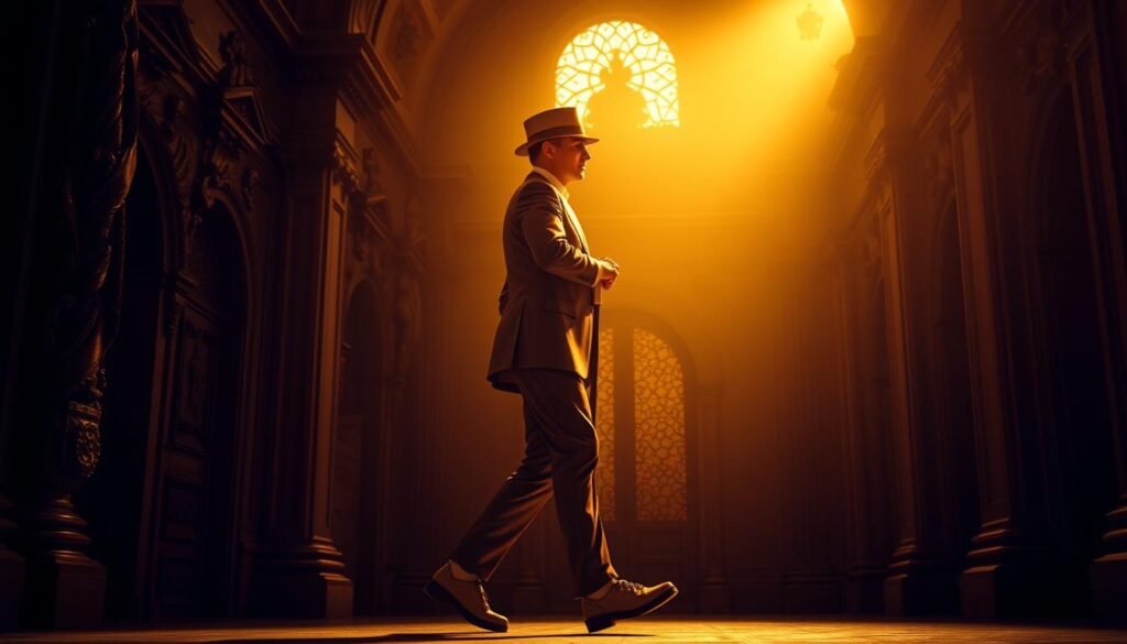 A majestic, full-bodied portrait of the iconic "Johnnie Walker" figure, illuminated by a warm, golden light. Set against a backdrop of ornate, baroque architectural elements, evoking a sense of history and tradition. The Walker strides purposefully forward, his distinctive silhouette and iconic striding pose commanding attention. Intricate details in his tailored suit and walking cane reflect the craftsmanship and sophistication of the Johnnie Walker brand. The scene conveys a timeless elegance, a testament to the brand's enduring legacy of quality, innovation, and global expansion over the past two centuries.