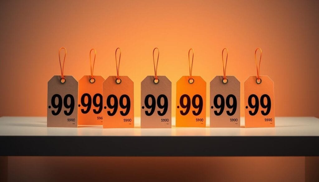 A meticulously arranged display of price tags, each sporting the iconic ".990" ending, stands prominently on a sleek, minimalist table. The tags are illuminated by warm, directional lighting, casting subtle shadows that accentuate their geometric forms. The background is a muted, near-monochromatic palette, allowing the price tags to take center stage and captivate the viewer's attention. The composition is balanced and visually appealing, hinting at the psychological techniques employed by retailers to influence consumer behavior. This image perfectly encapsulates the hidden secrets behind the ubiquitous ".990" pricing strategy.