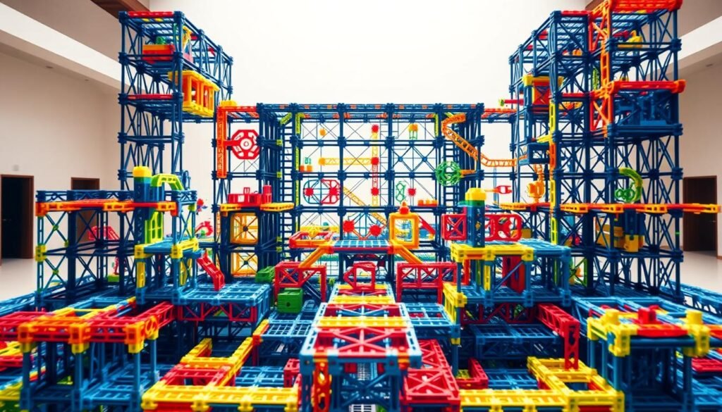 A meticulously crafted architectural system of interconnected plastic bricks, masterfully arranged in an intricate three-dimensional layout. The foreground showcases a complex structure, its modular components seamlessly interlocked, creating a visually captivating and versatile building platform. In the middle ground, vibrant colors and precise geometric shapes converge, evoking a sense of playfulness and innovation. The background features a clean, well-lit environment, highlighting the system's modular flexibility and adaptability. Warm, directional lighting casts subtle shadows, emphasizing the depth and dimensionality of the structure, while a slightly low camera angle conveys a sense of scale and grandeur. The overall mood is one of precision, creativity, and the boundless potential of a meticulously engineered construction system. A meticulously crafted architectural system of interconnected plastic bricks, masterfully arranged in an intricate three-dimensional layout. The foreground showcases a complex structure, its modular components seamlessly interlocked, creating a visually captivating and versatile building platform. In the middle ground, vibrant colors and precise geometric shapes converge, evoking a sense of playfulness and innovation. The background features a clean, well-lit environment, highlighting the system's modular flexibility and adaptability. Warm, directional lighting casts subtle shadows, emphasizing the depth and dimensionality of the structure, while a slightly low camera angle conveys a sense of scale and grandeur. The overall mood is one of precision, creativity, and the boundless potential of a meticulously engineered construction system.